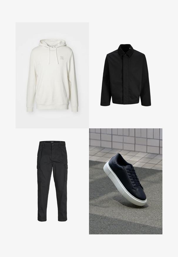 Giacca nera con colletto in velluto a costine, taglio dritto, maniche lunghe e superficie liscia senza chiusure visibili o decorazioni.; Felpa leggera color beige realizzata in tessuto misto cotone. Presenta una tasca a marsupio, un cappuccio con cordino e una piccola etichetta con logo sul petto.; Pantaloni cargo neri realizzati in un tessuto resistente, dotati di molteplici tasche, chiusura con bottone e un design aderente con gambe affusolate.; Sneaker in pelle nera con punta arrotondata e suola in gomma bianca. Presenta lacci piatti e cuciture minime sulla parte superiore. Suola testurizzata per una migliore aderenza.