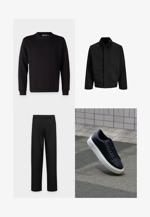 Black jacket featuring a corduroy collar, a straight cut, long sleeves, and a smooth texture with no visible fastenings or patterns.; Black sweatshirt made of smooth cotton blend, featuring a crew neck, long sleeves, and ribbed cuffs and hem. No patterns or accents visible.; Black trousers made of smooth fabric, featuring a straight-leg design, two front pleats, and standard waistband with belt loops.; Black leather sneaker with rounded toe and white rubber sole. Features flat laces and minimal stitching on the upper. Textured sole for grip.