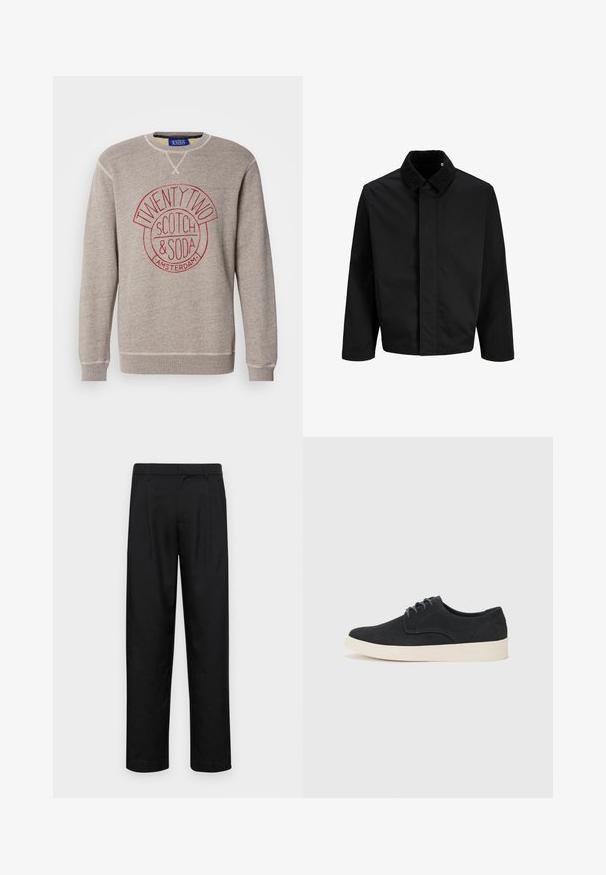 Czarna kurtka z corduroyowym kołnierzem, prostym krojem, długimi rękawami i gładką fakturą bez widocznych zapięć lub wzorów.; Jasnoszara bluza z miękkiego materiału, z okrągłym czerwonym logo z napisem "TWENTY TWO SCOTCH & SODA AMSTERDAM". Żebrowane mankiety i dół.; Czarne spodnie wykonane z gładkiego materiału, z prostą nogawką, dwoma fałdami z przodu oraz standardowym paskiem z wypustkami na pasek.; Czarne zamszowe buty sznurowane z okrągłym noskiem, lekką kremową podeszwą i delikatnymi niebieskimi akcentami na cholewce.