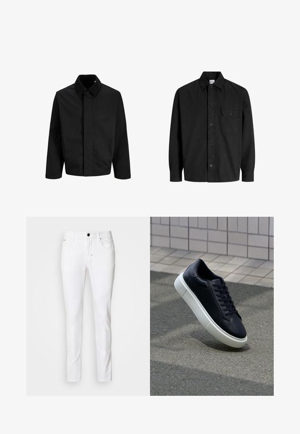 Musta takki, jossa on vakosamettikaulus, suora leikkaus, pitkät hihat ja sileä pinta ilman näkyviä kiinnityksiä tai kuvioita.; Mustapaita, jossa on pitkät hihat, napitus, kaulus ja yksi rintatasku nappisuljennalla.; Valkoiset denimfarkut, joissa on suora lahjeline, klassinen viisi-taskumalli, metallinappikiinnitys ja hienostuneet ompeluyksityiskohdat.; Mustat nahkakengät, joissa on pyöristetty kärki ja valkoinen kumipohja. Varusteena litteät nauhat ja minimaalinen ommel ylhäällä. Teksturoitu pohja pitävyyden lisäämiseksi.