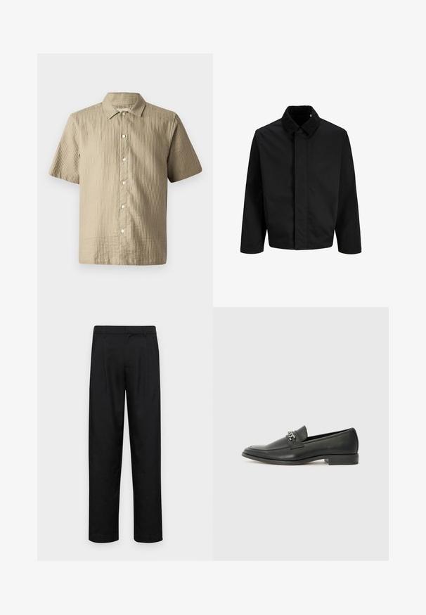 Veste noire avec un col en velours côtelé, coupe droite, manches longues et une texture lisse sans fermetures ni motifs visibles.; Chemise à manches courtes en beige clair, en tissu texturé. Présente une fermeture à boutons sur le devant, un col pointed et six boutons le long de la patte de boutonnage.; Pantalons noirs en tissu lisse, avec une coupe droite, deux plis avant et une taille standard avec passants de ceinture.; Mocassin en cuir noir avec une finition lisse, présentant un design cousu et une accent décoratif en chaîne métallique sur le rand. Talon plat.