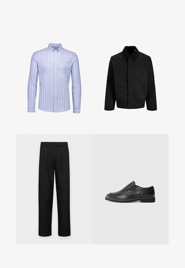 Giacca nera con colletto in velluto a costine, taglio dritto, maniche lunghe e superficie liscia senza chiusure visibili o decorazioni.; Camicia azzurra chiara a maniche lunghe con righe verticali bianche, colletto button-down e polsini a righe contrastanti. Tessuto morbido.; Pantaloni neri realizzati in tessuto liscio, caratterizzati da un taglio dritto, due pieghe frontali e una vita standard con passanti per la cintura.; Scarpa nera in pelle con inserto scivolare, superiore liscio, dettagli cuciti, punta arrotondata e tacco in gomma basso. La suola presenta un battistrada minimale.