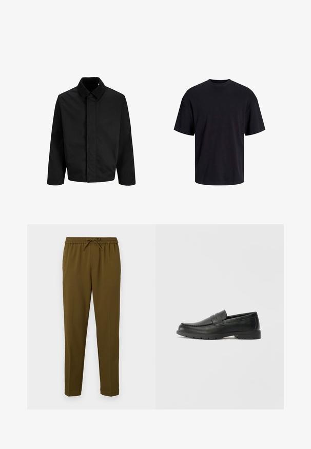 Black jacket featuring a corduroy collar, a straight cut, long sleeves, and a smooth texture with no visible fastenings or patterns.; Black cotton t-shirt with a crew neckline, short sleeves, and a relaxed fit. Smooth texture and no visible patterns or accents.; Olive green, lightweight pants with an elastic waistband and adjustable drawstring. Features straight legs and no pockets. Smooth texture.; Black leather loafers with a smooth finish, moccasin-style upper, stitched detailing, and a rubber sole. Classic design with a low heel.