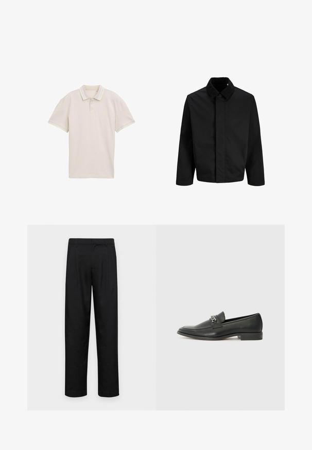 Juodas švarkas su aksominėmis apykaklėmis, tiesiu siluetu, ilgomis rankovėmis ir lygiu paviršiumi be matomų užsegimų ar raštų.; Šviesiai rudos polo marškiniai su trumpomis rankovėmis, trijų mygtukų susegimu ir kontrastingomis pastelinių spalvų juostelėmis ant apykaklės ir rankovių kraštų. Lengvas audinys.; Juodi kelnių modeliai, pagaminti iš lygios medžiagos, turi tiesią kojas, du priekiniai klostės ir standartinę juosmenį su diržo kilpomis.; Juodos odinės loafer tipo bateliai su lygiu paviršiumi, turintys siuvinėtą dizainą ir dekoratyvų metalo grandinėlės akcentą ant batų viršaus. Plokščias kulnas.