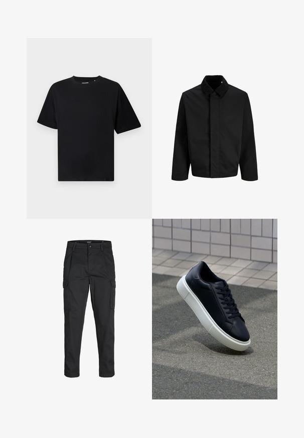 Black jacket featuring a corduroy collar, a straight cut, long sleeves, and a smooth texture with no visible fastenings or patterns.; Black short-sleeve crew neck T-shirt with a relaxed fit, displayed on a white background.; Black cargo pants made of sturdy fabric, featuring multiple pockets, a button closure, and a slim fit design with tapered legs.; Black leather sneaker with rounded toe and white rubber sole. Features flat laces and minimal stitching on the upper. Textured sole for grip.