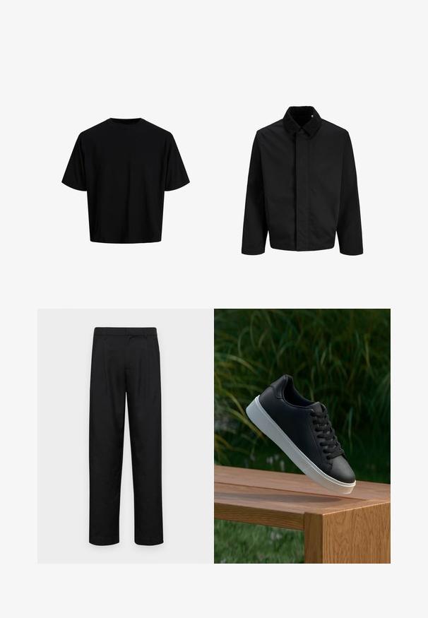 Melnā jaka ar kordūras apkakli, taisnu piegriezumu, garām piedurknēm un gludu tekstūru bez redzamām aizdariem vai rakstiem.; Melna iekārta krekls, izgatavots no gludas kokvilnas auduma. Iekļaujapa apaļu kaklu un īsām piedurknēm, ar vienkāršu, minimālu dizainu.; Melnas bikses, izgatavotas no gludas auduma, ar taisnu kāju dizainu, divām priekšējām krokām un standarta jostu, kurai ir āķi.; Melnās ādas sporta apavi ar gludu tekstūru, baltu gumijas zoli un sešiem caurumiem šņorešanai, novietoti uz koka virsmas.