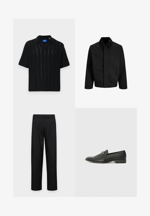 Czarna kurtka z corduroyowym kołnierzem, prostym krojem, długimi rękawami i gładką fakturą bez widocznych zapięć lub wzorów.; Czarna dziergana koszulka polo z krótkimi rękawami, z dekoltem w kształcie V, wzorem ażurowym i ściągaczami przy rękawach. Metka widoczna wewnątrz kołnierza.; Czarne spodnie wykonane z gładkiego materiału, z prostą nogawką, dwoma fałdami z przodu oraz standardowym paskiem z wypustkami na pasek.; Czarne skórzane mokasyny o gładkim wykończeniu, z haftowanym wzorem i dekoracyjnym akcentem z metalowego łańcucha na wierzchu. Płaska pięta.