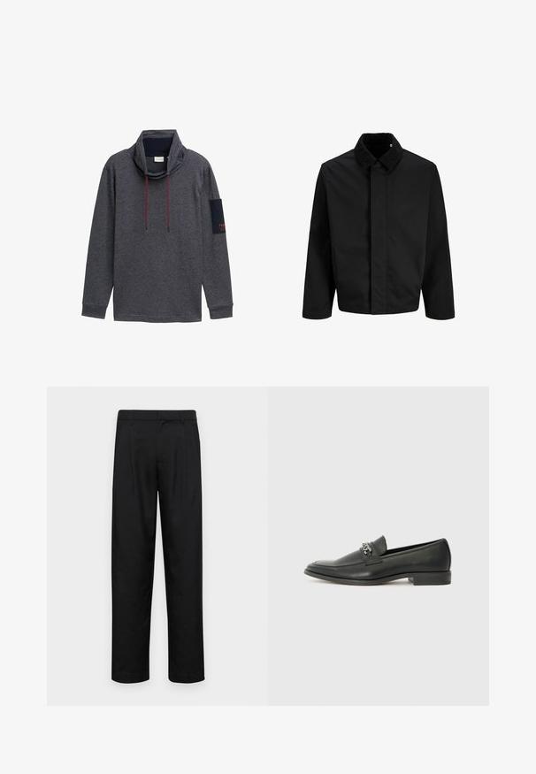 Schwarze Jacke mit Cordkragen, geradem Schnitt, langen Ärmeln und glatter Textur ohne sichtbare Verschlüsse oder Muster.; Grauer Langarm-Pullover mit hohem Kragen, Kordelzügen und einem marineblauen Patch am linken Ärmel, auf dem roter Text steht. Hergestellt aus einem weichen, strukturierten Stoff.; Schwarze Hose aus glattem Stoff, mit geradem Bein Design, zwei vorderen Falten und einem Standardbund mit Gürtelschlaufen.; Schwarzer Lederloafer mit glatter Oberfläche, ausgestattet mit einer gesteppten Gestaltung und einem dekorativen Metallkettendetail über dem Vorderblatt. Flacher Absatz.