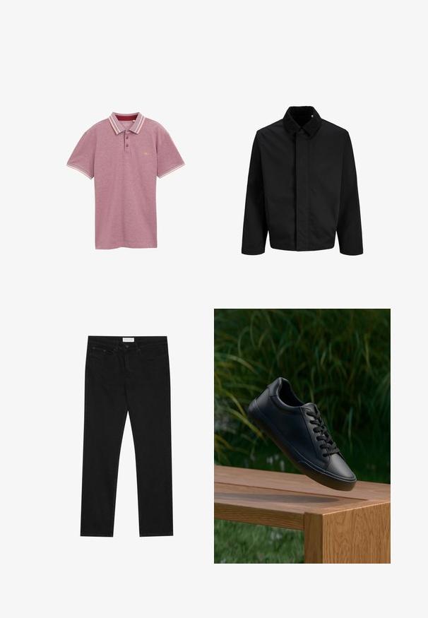 Zwarte jas met een ribbels kraag, een rechte snit, lange mouwen en een gladde textuur zonder zichtbare sluitingen of patronen.; Bordeaux polohemd, korte mouwen, gebreide stof, met twee-knops sluiting, gestreepte kraag en mouwmanchetten in contrasterende kleuren, logo op de borst.; Zwarte straight-leg jeans met een vijf-pocket ontwerp, knoop- en ritssluiting, en een Pier One merklabel op de tailleband.; Zwarte leren sneaker met een gladde textuur, ronde neus, en platte veters, geplaatst boven een houten oppervlakte met groene gras op de achtergrond.
