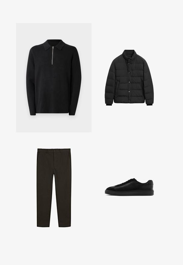 Zwarte pufferjas met een hoge kraag, drukknoopsluiting, gewatteerd ontwerp, zijzakken en elastische manchetten voor extra warmte.; Zwarte pullover met lange mouwen en een ritskraag. Gemaakt van zacht materiaal, met een gladde textuur en een eenvoudig, minimalistisch ontwerp.; Donkerbruine, geweven stofbroek met een recht model, voorzakken en een knoopsluiting op de taille. Glad textuur.; Zwarte leren sneakers met een gladde afwerking, ronde neus, vetersluiting aan de voorkant en een contrasterende, gestructureerde tong. Dikke zwarte rubberen zool.