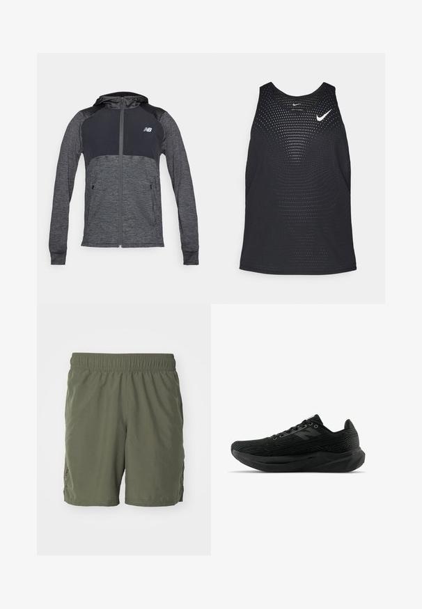 Mochila desportiva cinza com fecho na frente, ombros contrastantes mais escuros, dois bolsos frontais e um pequeno logotipo no lado esquerdo do peito.; Camisola de desporto preta sem mangas com uma textura perfurada e decote redondo. Apresenta um logótipo branco da Nike no peito.; Calções verde-oliva feitos de um material leve, com uma cintura elástica e fendas laterais para facilitar o movimento. Design simples.; Sapatilha atlética preta com parte superior texturizada, apresentando um design elegante, fecho com atacadores e uma sola mais espessa com padrão para melhorar a aderência.