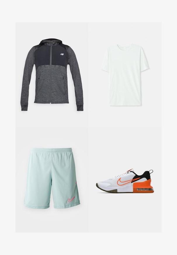 Harmaa urheilullinen huppari vetoketjulla edessä, tummemmalla kontrastivärillä olkapäissä, kaksi etutaskua ja pieni logo vasemmassa rinnassa.; Vihreä mintun värinen lyhythihainen t-paita, joka on valmistettu pehmeästä kankaasta. Siinä on pyöreä kaula-aukko ja yksinkertainen, suora leikkaus ilman koristeita.; Vaaleansiniset urheilushortsit, joissa on verkkotyyppinen rakenne, vasemmalla puolella vaaleanpunainen Nike-logo ja joustava vyötärö.; Valkoinen urheilukenkä, jossa on ristikkopintainen yläosa, mustia ja oransseja yksityiskohtia, paksu kumipohja ja selkeä ilmatyynyosa kantapäässä.