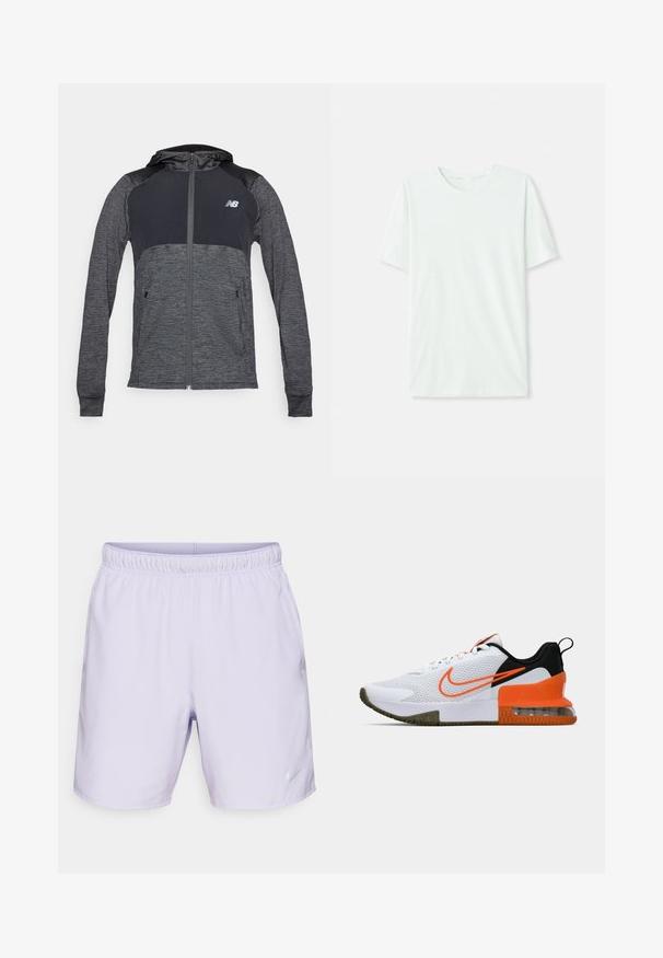 Pelēks sporta hoody ar rāvējslēdzēju priekšpusē, tumšākām plecu daļām, divām priekšējām kabatām un mazu logotipu kreisajā krūtīs.; Gai mints zaļš īsu piedurkņu T-krekls, izgatavots no mīkstas auduma. Tam ir apaļa kakla izgriezuma forma un vienkāršs, taisns griezums bez rotājumiem.; Lillāki sporta šorti ar elastīgu jostu, sānu kabatām un atstarotāju Nike logotipu apakšējā labajā pusē. Gluda, viegla auduma.; Balti sporta apavi ar teksturētu sieta augšējo daļu, melniem un oranžiem akcentiem, biezu gumijas zoli un caurspīdīgu gaisa spilvenu daļu pie papēža.