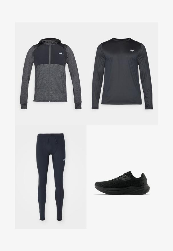 Felpa sportiva grigia con zip frontale, spalle di colore più scuro a contrasto, due tasche anteriori e un piccolo logo sul lato sinistro del petto.; Maglietta atletica a maniche lunghe nera, realizzata in tessuto leggero e morbido con una texture sottile. Presenta un piccolo logo sul lato sinistro del petto.; New Balance SLEEK REFLECIVE TIGHT - Leggings - black; Scarpe sportive nere con tomaia testurizzata, caratterizzate da un design elegante, chiusura con lacci e una suola più spessa con battistrada per una presa migliore.