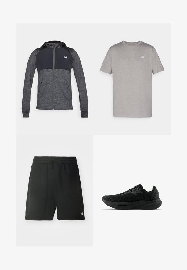 Sweatshirt com fecho éclair em preto e cinzento escuro, com textura suave, capuz, bolsos laterais e detalhe de logótipo no peito.; T-shirt cinza de mangas curtas feito de tecido macio, apresentando um logotipo discreto em azul claro no lado esquerdo do peito. Decote redondo, ajuste regular.; Calças de desporto em algodão preto com faixa elástica na cintura, cordão ajustável e detalhe do logótipo na parte inferior da perna esquerda. Textura suave.; Sapatilha atlética preta com parte superior texturizada, apresentando um design elegante, fecho com atacadores e uma sola mais espessa com padrão para melhorar a aderência.