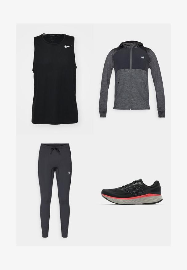 Grijze sportieve hoodie met een ritssluiting aan de voorkant, contrasterende donkerdere schouders, twee voorzakken en een klein logo op de linkerborst.; Zwart, mouwloos sport tanktop van gladde stof. Heeft een wit Nike-logo aan de bovenlinkerkant. Ronde halslijn met een tagloze ontwerpen.; Zwarte sportleggings gemaakt van rekbaar materiaal. Voorzien van een trekkoord in de taille en een klein reflecterend logo op de rechterdij.; Zwarte hardloopschoen met een bovenwerk van mesh, geaccentueerd door een roze tussenzoolstreep en een grijze outsole. Bevat textuurdetails en een flexibele zoolontwerp.