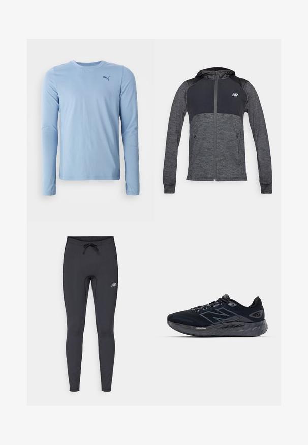 Siv hoodie za šport s zadrgo spredaj, temnejšimi kontrastnimi rameni, dvema sprednjima žepoma in majhnim logotipom na levem prsnem delu.; Svetlo modra dolga majica z dolgimi rokavi, izdelana iz mehkega in raztegljivega materiala. Ima okroglo izrez in majhen temen logo na levem prsnem delu.; Črne športne legice iz elastičnega materiala. Imajo pas z vrvico in majhen odsevni logotip na sprednjem desnem stegnu.; Moške tekaške čevlje v črni mreži z debelim sivo zoljem, krožno teksturo in odsevnimi poudarki. Na strani ima logotip "New Balance".