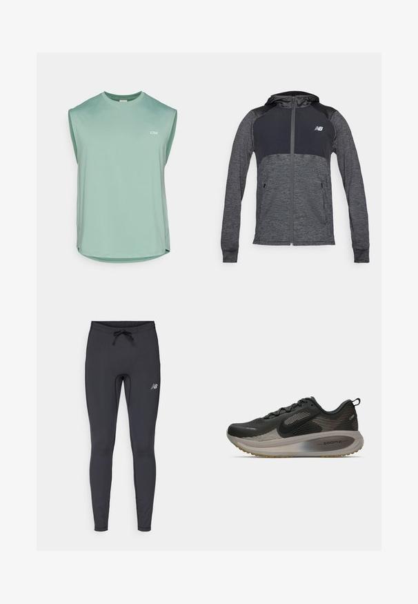 Grå treningshettegenser med glidelås foran, mørkere kontrasterende skuldre, to frontlommer og en liten logo på venstre bryst.; Lys grønn ermeløs treningstopp laget av pustende stoff med mesh-struktur. Har rund halslinning og en subtil logo på forsiden.; Svart treningstights laget av elastisk stoff. Har en snor i livet og en liten reflekterende logo på høyre lår.; Svart løpesko med mesh-overdel, reflekterende detaljer og ZoomX-demping. Har en teksturert såle for godt grep. Strømlinjeformet design.