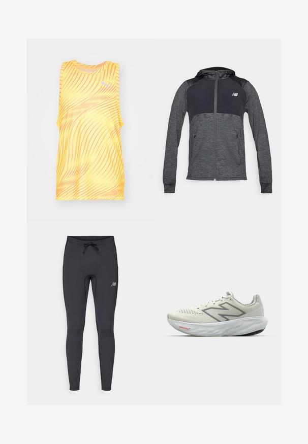 Haut de survêtement sportif gris avec fermeture éclair à l'avant, épaules plus foncées contrastantes, deux poches avant et un petit logo sur la poitrine gauche.; Puma RUN FAVORITE AOP SINGLET M - Débardeur - sun stream; Leggings de sport noirs en tissu extensible. Dotés d'une taille avec cordon de serrage et d'un petit logo réfléchissant sur la cuisse droite.; Baskets de course blanches avec des accents gris. Tige en maille, semelle texturée et logo "N" bien en vue. Présente un col rembourré et l'étiquette "Fresh Foam".