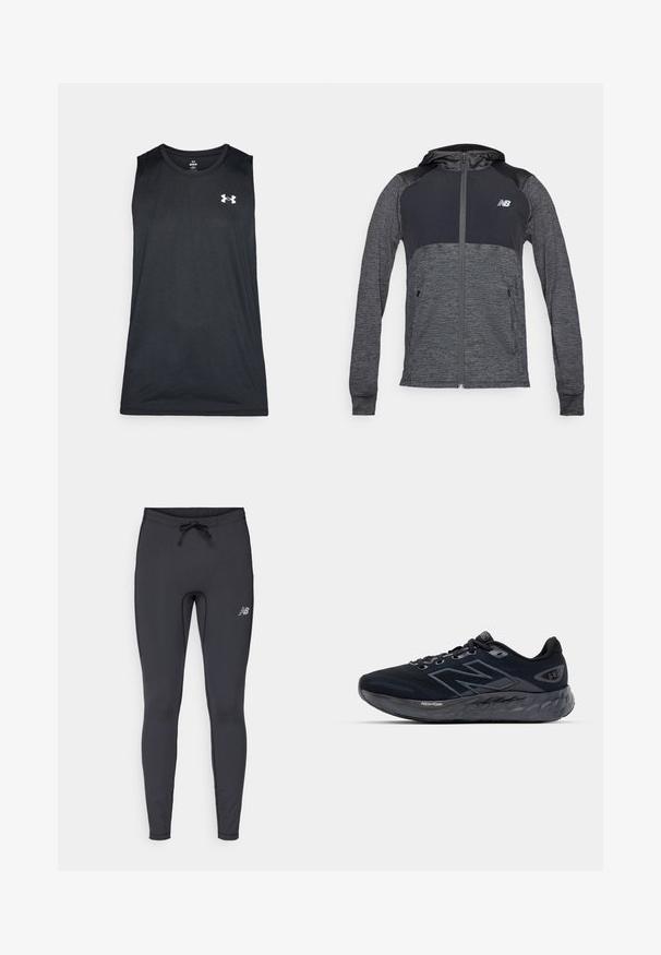 Gray athletic hoodie with a zip front, contrasting darker shoulders, two front pockets, and a small logo on the left chest.; Black sleeveless athletic shirt made from a smooth, breathable material. Features a crew neckline and white logo on the chest.; Black athletic leggings made from stretch fabric. Features a drawstring waistband and a small reflective logo on the front right thigh.; Men's running shoes in black mesh with a thick gray sole, circular texture, and reflective accents. Features "New Balance" logo on the side.
