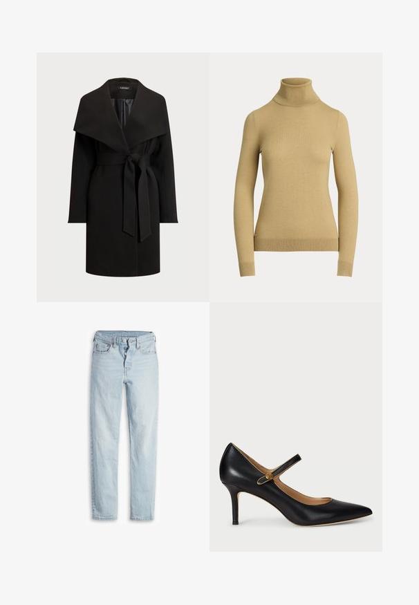 Palton negru cu un guler larg, căptușit, mâneci lungi și talie subțire. Fabricat dintr-un material neted, având un design curat și minimalist.; Pulover cu guler înalt, de culoare bej deschis, realizat dintr-un tricot neted și moale. Are mâneci lungi și o siluetă ajustată, cu o margine ribbed.; Jeans din denim de culoare albastru deschis, cu talie înaltă, design cu cinci buzunare, fermoar cu nasture și croială dreaptă. Prezintă o ușoară decolorare și un finisaj texturat.; Pantofii Mary Jane din piele neagră, cu vârf ascuțit și toc subțire, având o curea decorativă și accente din material de culoare aurie.