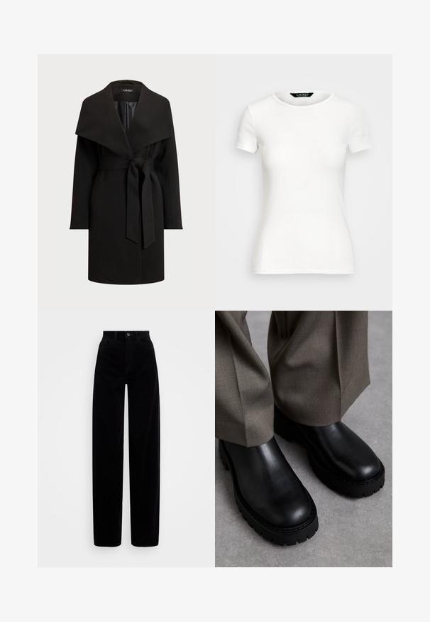 Black coat with a wide, draped collar, long sleeves, and belted waist. Made from smooth fabric, featuring a clean, minimal design.; White cotton T-shirt with short sleeves, round neck, fitted design, and smooth texture. Logo tag at neckline.; Black corduroy pants with a high waist, wide leg design, and a single front button closure. Smooth texture with vertical ribbing.; Black leather ankle boots with a chunky rubber sole, smooth texture, rounded toe, and minimal detailing. Paired with light gray trousers.