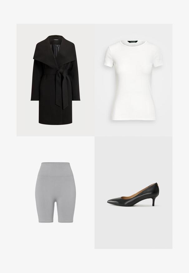 Zwarte jas met een brede, gedrapeerde kraag, lange mouwen en ceintuur vervolgens. Gemaakt van een zachte stof, met een strak, minimalistisch ontwerp.; Witte katoenen T-shirt met korte mouwen, ronde hals, slim fit ontwerp en een gladde textuur. Logo-label bij de hals.; Grijze, ribbelige jersey shorts met een hoge tailleband en een knielange snit. Glad van textuur zonder zichtbare patronen of accenten.; Zwarte leren pump met een puntige teen, lage hak en een gladde textuur. Heeft een lichte opening aan de voorkant en minimale hardware aan de achterkant.