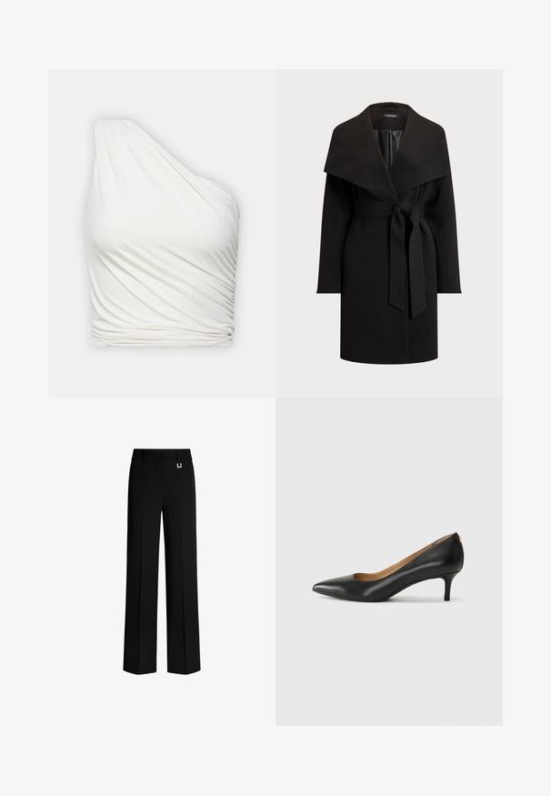 Schwarzer Mantel mit einem breiten, drapierten Kragen, langen Ärmeln und tailliertem Gürtel. Hergestellt aus glattem Stoff, mit einem klaren, minimalistischen Design.; Ein einseitig tragendes weißes Oberteil aus leichtem, drapiertem Stoff. Es zeichnet sich durch eine geraffte Textur an der Seite und ein glattes, fließendes Design aus.; Schwarze weit geschnittene Hose aus glattem Stoff. Verfügt über einen Knopfverschluss und ein goldfarbenes Metallelement am Bund. Gerade, taillierte Passform.; Schwarzer Lederpumps mit spitzem Zehenbereich, niedrigem Absatz und glatter Textur. Verfügt über eine leichte Öffnung an der Vorderseite und minimale Beschläge an der Rückseite.