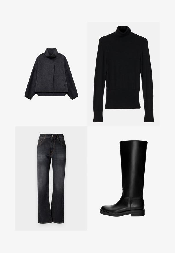 Tmavosivá skrátená bunda vyrobená z texturovanej tkaniny. Má vysoký golier, dlhé rukávy a dve predné vrecká s minimálnymi detailmi na gombíkoch.; AERON TENDER LONG SLEEVED - Svetrík - black; Čierne denimové džínsy so striha s rovnými nohavicami, ozdobené oranžovým prešívaním, s piatimi vreckami a klasickým gombíkom na zapínanie v páse.; Čierne kožené čižmy po kolená s hladkou textúrou, okrúhlou špičkou, nenápadným dizajnom a nízkym blokovým podpätkom. Žiadne viditeľné kovanie ani vzory.