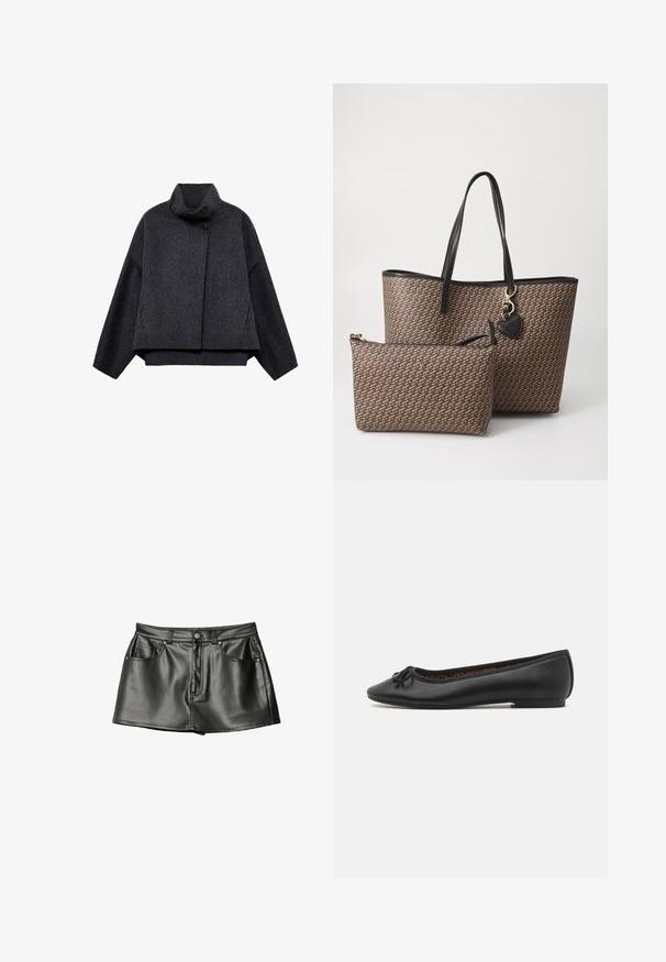 Dunkelgraue cropped Jacke aus strukturiertem Stoff. Sie hat einen hohen Kragen, lange Ärmel und zwei vordere Taschen mit minimalen Knopfdetails.; Schwarzes ärmelloses Oberteil mit rundem Halsausschnitt, aus einem gerippten Stoff gefertigt, mit lockerer Passform und geradem Saum, entworfen für Komfort.; Weißes T-Shirt mit kurzen Ärmeln aus Baumwolle. Hat einen Rundhalsausschnitt und eine lockere Passform. Glatte Textur ohne sichtbare Muster oder Akzente.; Schwarzer Minirock aus Leder mit glatter Textur, ausgestattet mit zwei Fronttaschen und metallenen Knopfdetails. Kurze Länge und klassischer Schnitt.; Schwarze Leder-Ballettschuhe mit spitz zulaufender Zehenpartie, dekorativem Schleifendetail und glatter Oberfläche. Verfügt über eine profilierte Sohle für mehr Komfort.; Braune gemusterte Tragetasche mit schwarzen Lederakzenten, ausgestattet mit zwei Griffen und einem kleineren passenden Reißverschlussbeutel. Goldene Hardware-Details vorhanden.