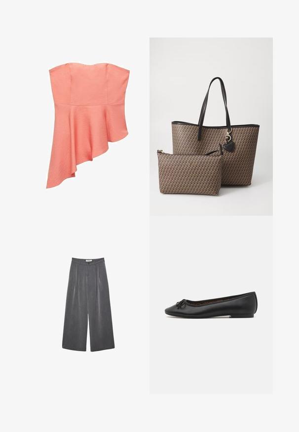 Mörkgrå kort jacka i texturerat tyg. Har en hög krage, långa ärmar och två framfickor med minimala knappdetaljer.; Svart urringad ärmlös topp i ribbat tyg, med en lös passform och rak nederkant, utformad för komfort.; Halterneck-top i korallfärg med strukturerad yta, med en asymmetrisk nederdel som faller elegant. Inga synliga knäppningar eller utsmyckningar.; Fållade vida byxor i en mörkgrå tyg med en subtil textur. Har en knappstängning och en klassisk midje-design.; Svarta läderballettskor med spetsig tå, dekorativ rosett och en slät yta. Har en lågt profilerad sula för komfort.; Brun mönstrad tygväska med svarta läderdetaljer, som har två handtag och en mindre matchande dragkedjeväska. Guld detaljer syns.
