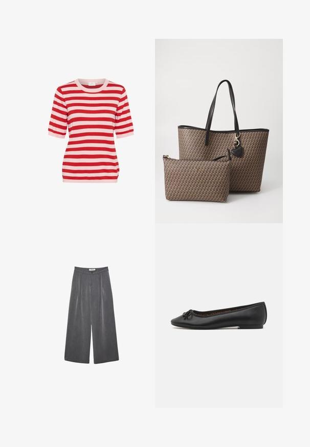 Donkergrijze cropped jas van textuurstof. Voorzien van een hoge kraag, lange mouwen en twee voorkwesten met minimale knoopdetails.; Zwarte mouwloze top met een ronde halslijn, gemaakt van een geribbelde stof, met een losse pasvorm en rechte zoom, ontworpen voor comfort.; Rood en lichtroze horizontaal gestreept kortemouwen gebreid shirt met ronde hals en aansluitende silhouette.; Plissé wijdbeens broek in een donkergrijze stof met een subtiele textuur. Met knoopsluiting en een klassiek taillebandontwerp.; Zwarte leren balletschoenen met een spitse neus, decoratieve strikdetails en een gladde afwerking. Heeft een lage zool voor comfort.; Bruine tas met patroon en zwarte leren accenten, voorzien van twee handvatten en een kleinere bijpassende ritstas. Gouden hardware details aanwezig.