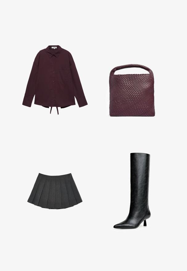 Tummanharmaa lyhyt takki, joka on valmistettu tekstuuritetusta kankaasta. Ominaisuuksiin kuuluu korkea kaulus, pitkät hihat ja kaksi etupussia, joissa on minimaalisen yksinkertaiset napit.; Harmaa teksturoidulla neulella, jossa on löysä istuvuus, pitkät hihat ja leveä pääntie. Pehmeä, pörröinen materiaali, jossa on hieman kiiltoa. Ei näkyviä kuvioita tai koristeita.; Tumman violetti pitkähihaisen napillisen paidan, jossa on kaulus, rintatasku ja säädettävät soljet helman kohdalla.; Pliseerattu hame tummanharmaana, tehty tekstuuritetystä kankaasta. Ominaisuuksina on levenevä siluetti, jossa on tasaisesti sijoitettuja pliseerauksia ja litteä vyötärönauha.; Musta polvenkorkuinen saapas, joka on valmistettu teksturoidusta nahasta. Varustettu teräväkärkisellä muotilla ja pienellä levenevällä korolla. Suora, sileä muotoilu, jossa on minimaalinen koristelu.; Vytkávaná kožená kabelka v tmavě burgundské barvě, čtvercového tvaru s kulatou rukojetí a texturovaným vzorem. Minimalistický design.