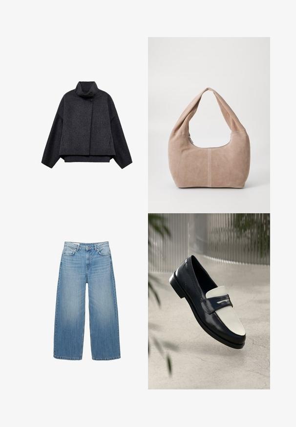 Veste cropped gris foncé en tissu texturé. Dotée d'un col haut, de manches longues et de deux poches avant avec des détails de bouton minimalistes.; Pull en tricot noir avec un col rond, des manches longues et une coupe cropped. Fabriqué dans un matériau doux avec une texture lisse.; Jean large bleu clair en denim, avec un design classique à cinq poches et une fermeture à bouton. Texture usée sur l'ensemble.; Mocassin en cuir noir et blanc avec des coutures décoratives, flottant au-dessus d'un sol en béton avec des plantes floues en arrière-plan.; Sac hobo en matériau suédé doux de couleur beige clair. Présente une forme arrondie avec une large sangle et une fermeture éclair.