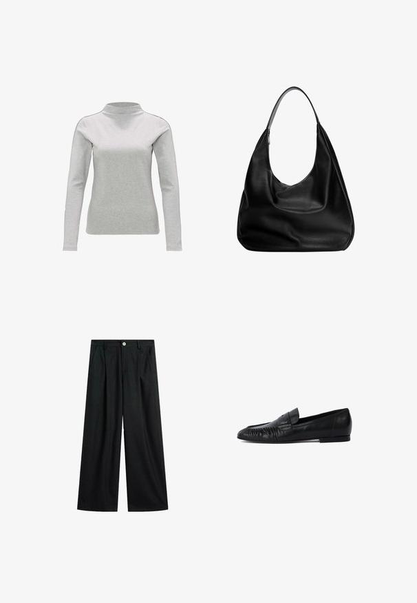 Donkergrijze cropped jas van textuurstof. Voorzien van een hoge kraag, lange mouwen en twee voorkwesten met minimale knoopdetails.; Zwarte, crew-neck trui gemaakt van zachte stof, met lange mouwen en een schoon, eenvoudig ontwerp zonder duidelijke patronen of accenten.; Langarmige, lichtgrijze coltrui van een zachte katoenmix, met een getailleerd ontwerp en een gladde textuur. Geen zichtbare patronen.; Zwarte wijde broek met subtiele streepjes, voor sluiting met knoop, riemlussen en zijzakken, plat neergelegd op een witte achtergrond.; Zwarte leren loafers met een ronde neus, gestikte details aan de voorkant en een platte zool. Minimalistisch ontwerp met een subtiele logo-accent. ; Zwarte leren hobo tas met een slouchy ontwerp, brede schouderband en een gladde textuur. Heeft een enkele ritssluiting aan de zijkant.