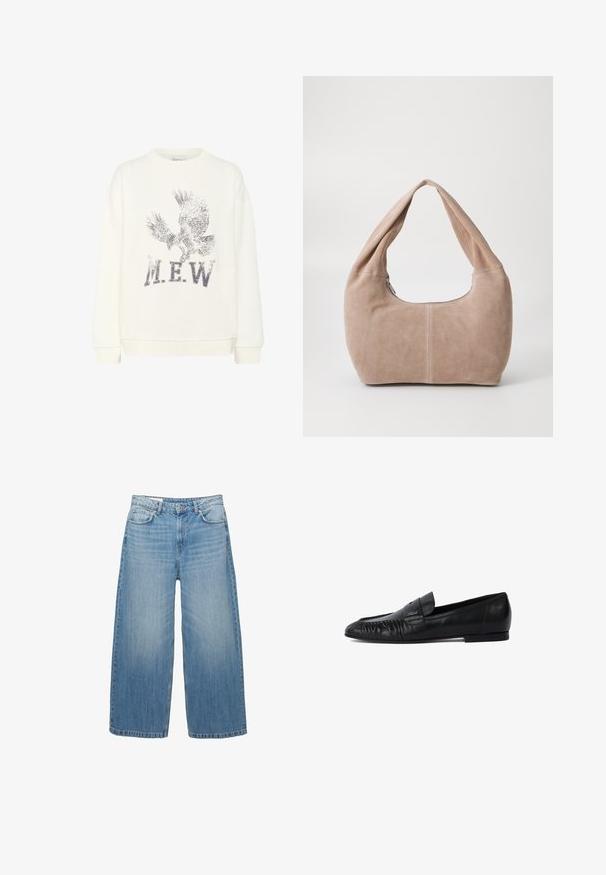 Giacca corta grigia scura realizzata in tessuto testurizzato. Presenta un colletto alto, maniche lunghe e due tasche frontali con dettagli di bottone minimal.; My Essential Wardrobe DIEGO EAGLE - Felpa - snow white; Jeans a gamba larga di un blu chiaro in denim, con un classico design a cinque tasche e chiusura con bottone. Texture scolorita in tutta la superficie.; Mocassini in pelle nera con punta arrotondata, dettagli cuciti sul davanti e suola piatta. Design minimalista con un sottile accento del logo.; Borse hobo realizzata in morbido materiale scamosciato di colore beige chiaro. Caratterizzata da una forma arrotondata con una tracolla ampia e chiusura con zip.