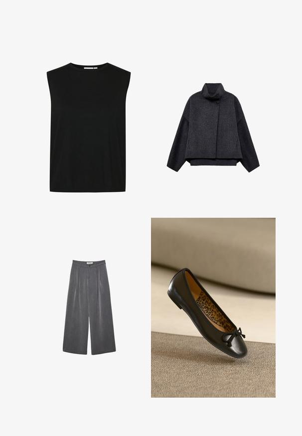 Temno siva jakna skrajšane dolžine, izdelana iz teksturirane tkanine. Ima visok ovratnik, dolge rokave in dve sprednji žepki z minimalnimi podrobnostmi gumbov.; Črna brezrokavnik z okroglim izrezom, izdelana iz rebraste tkanine, s sproščenim krojem in ravnim robom, zasnovana za udobje.; Bela kratka majica s kratkimi rokavi iz bombaža. Ima okroglo izrezovanje in sproščen kroj. Gladka tekstura brez vidnih vzorcev ali poudarkov.; Nabrane hlače širokega kroja v temnosivi tkanini z diskretno teksturo. Opremljene so z gumbom za zapiranje in klasičnim oblikovanjem pasu.; Črna balerinka iz usnja z zaobljenim prstom in tkanim lokom, notranjost z leopardjim vzorcem. Gladek videz in tanek profil.