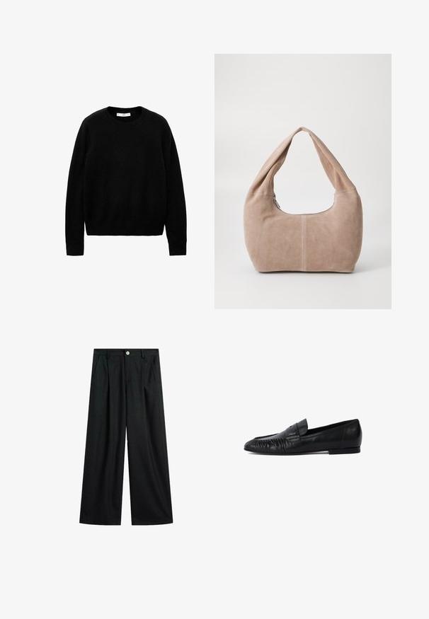 Dunkelgraue cropped Jacke aus strukturiertem Stoff. Sie hat einen hohen Kragen, lange Ärmel und zwei vordere Taschen mit minimalen Knopfdetails.; Schwarzer Rundhalsausschnitt-Pullover aus weichem Stoff, mit langen Ärmeln und einem schlichten, einfachen Design ohne ausgeprägte Muster oder Akzente.; Schwarze weite Hose mit dezenten Nadelstreifen, vorderem Knopfverschluss, Gürtelschlaufen und seitlichen Taschen, flach auf weißem Hintergrund ausgelegt.; Schwarze Lederloafers mit runder Zehe, gestickten Details an der Vorderseite und flacher Sohle. Minimalistisches Design mit dezentem Logoakzent.; Hobo-Tasche aus weichem Wildledermaterial in einem hellen Beigeton. Verfügt über eine runde Form, einen breiten Riemen und einen Reißverschluss.