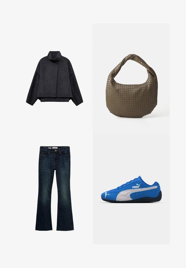 Mračna siva kratka jakna izrađena od teksturirane tkanine. Ima visoki ovratnik, dugačke rukave i dvije prednje džepove s minimalnim detaljima dugmadi.; Tamno plava traper košulja dugih rukava, sa šiljastim kragnom i ravnim rubom. Ima prednje dugmasto zatvaranje i kontrastne šavove.; Razvijene tamnoplave traperice s izblijedjelim naglasima, pet džepova i sirovim rubom. Izrađene od pamuka s dugmetom za zatvaranje i petljama za remen.; Plave atletske cipele s gornjim dijelom od antilopa, s bijelim bočnim panelom i crnom gumenenom potplatom. Uključuju uzdignuti PUMA logo sa strane.; Tkana torbica maslinaste boje za ruke s zaobljenim oblikom i uvrnutom ručkom. Teksturirana površina s dijagonalnim uzorkom. Zatvaranje na patentni zatvarač.