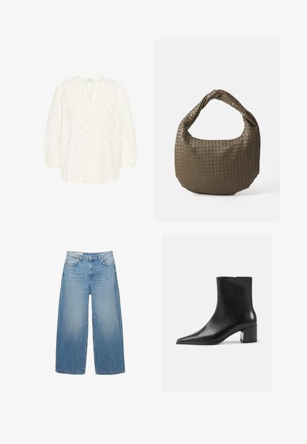 Dark gray cropped jacket made from textured fabric. Features a high collar, long sleeves, and two front pockets with minimal button details.; Kaffe Blouse - chalk; Light blue wide-leg jeans made of denim, featuring a classic five-pocket design and a button closure. Faded texture throughout.; Black leather ankle boot with a pointed toe, smooth texture, and a mid-block heel. Minimalist design, zipper closure at the back.; Woven olive green handbag with a rounded shape and a twisted handle. Textured surface features a diagonal pattern. Zipper closure.