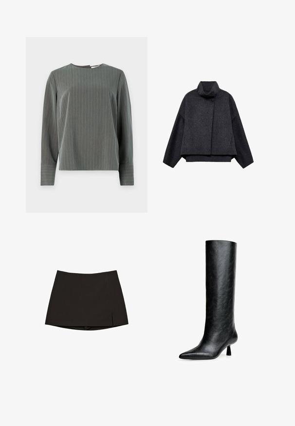 Mračna siva kratka jakna izrađena od teksturirane tkanine. Ima visoki ovratnik, dugačke rukave i dvije prednje džepove s minimalnim detaljima dugmadi.; Siva prugasta majica dugih rukava s okruglim izrezom i opuštenim krojem. Vertikalne pruge svijetlosive boje kontrastiraju s tamnijom teksturom tkanine.; Crna mini suknja od glatkog materijala, ravnog kroja s bočnim prorezima i urednim rubom. Jednostavna i svestrana.; Crne čizme do koljena od teksturirane kože. Imaju špicasti vrh i mali, rašireni potplat. Elegantnog su, glatkog dizajna s minimalnim naglascima.