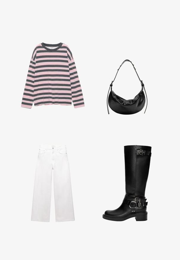 Donkergrijze cropped jas van textuurstof. Voorzien van een hoge kraag, lange mouwen en twee voorkwesten met minimale knoopdetails.; Langsleeve top met horizontale strepen in grijs, roze en wit. Zachte stof, ronde halslijn en een relaxte fit.; Witte wijde jeans van katoen, met een hoge taille, vijf-pocket ontwerp en koperen hardware accenten. Glad, niet-gedistressed textuur.; Zwarte leren kniehoge laarzen met een ronde neus, een gestapeld hak en meerdere decoratieve banden met zilveren gespen en accenten.; Zwarte leren handtas met een halve maan vorm, gladde textuur en verstelbare schouderband, met subtiele hardware accenten. Rits sluiting zichtbaar.