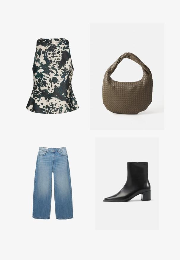 Temno siva jakna skrajšane dolžine, izdelana iz teksturirane tkanine. Ima visok ovratnik, dolge rokave in dve sprednji žepki z minimalnimi podrobnostmi gumbov.; Gestuz CERI - Bluza - green ox; Svijetloplave široke traperice napravljene odDenima, s klasičnim dizajnom pet džepova i zatvaranjem na gumbe. Ispucala tekstura kroz cijelu površinu.; Črne usnjene gležnjarje s poudavljenim nosom, gladko teksturo in srednjim blokastim petom. Minimalistična zasnova, zadrga na hrbtni strani.; Tkanina olivno zelena torba z okroglo obliko in zvitim ročajem. Tekstura površine vsebuje diagonalni vzorec. Zadrga za zapiranje.