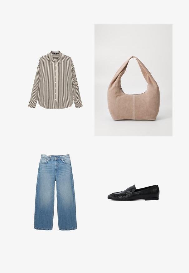 Dark gray cropped jacket made from textured fabric. Features a high collar, long sleeves, and two front pockets with minimal button details.; Striped button-up shirt in cream and black, featuring a collar, long sleeves, and a relaxed fit with a straight hemline.; Light blue wide-leg jeans made of denim, featuring a classic five-pocket design and a button closure. Faded texture throughout.; Black leather loafers with a rounded toe, stitched detailing on the front, and a flat sole. Minimalist design with a subtle logo accent.; Hobo bag made of soft, suede material in a light beige color. Features a rounded shape with a wide strap and zip closure.