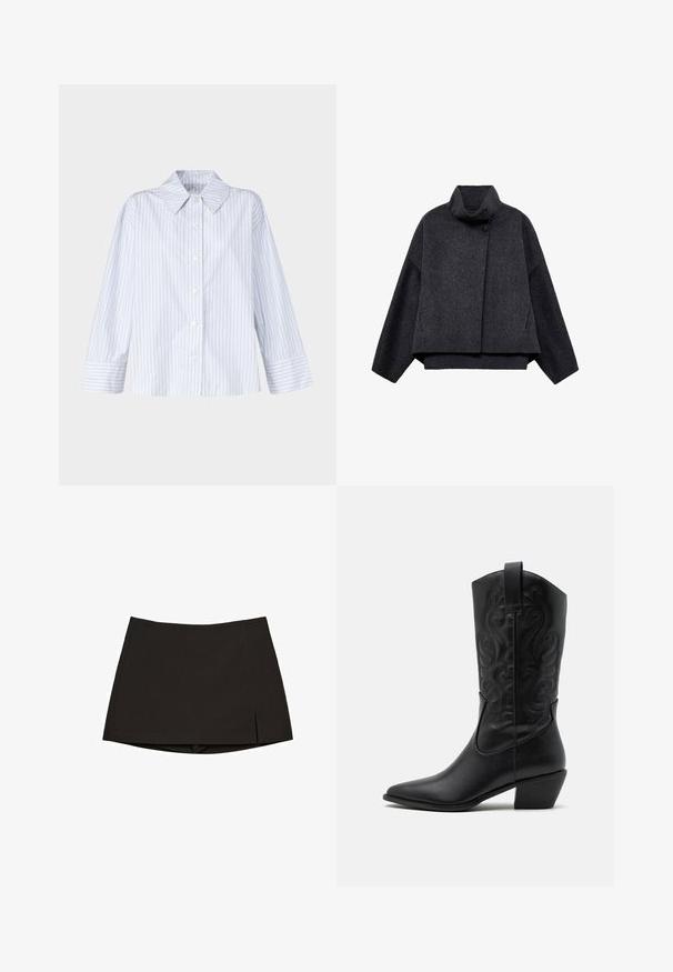 Mörkgrå kort jacka i texturerat tyg. Har en hög krage, långa ärmar och två framfickor med minimala knappdetaljer.; Blå och vitrandig skjorta med knappar, krage, långa ärmar och avslappnad passform. Tillverkad av lättviktig tyg, med framknäppning.; Svart minikjol i slätt tyg, med rak design, sidospjäll och ren fåll. Enkel och mångsidig.; Svart läder cowboyboot med spetsig tå, präglade svängande mönster och medelhögt klack. Har en dragflik för enkel påtagning.