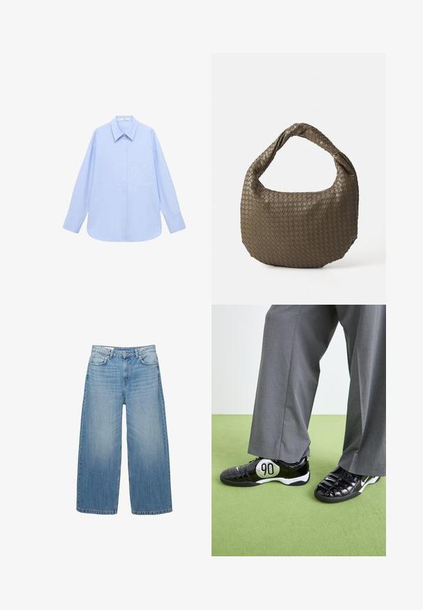 Donkergrijze cropped jas van textuurstof. Voorzien van een hoge kraag, lange mouwen en twee voorkwesten met minimale knoopdetails.; Lichtblauw overhemd met lange mouwen, voorzien van een button-down kraag, een enkele borstzak en een ontspannen pasvorm. Zachte stofstructuur en klassiek ontwerp.; Zwarte eenpiece badpak met een diepe V-hals en gekruiste rugbanden. Gemaakt van gladde stof met een strakke, aansluitende pasvorm.; Lichtblauwe wijde jeans van denim, met een klassieke vijf-pocketontwerp en een knoopsluiting. Verbleekte textuur overal.; Zwarte gepatineerde leren sneakers met een zilveren "90" detail, met een textuur oppervlak en vetersluiting, gecombineerd met grijze wijde broeken.; Geweven olijfgroene handtas met een ronde vorm en een gedraaide handgreep. De textuur heeft een diagonaal patroon. Ritssluiting.