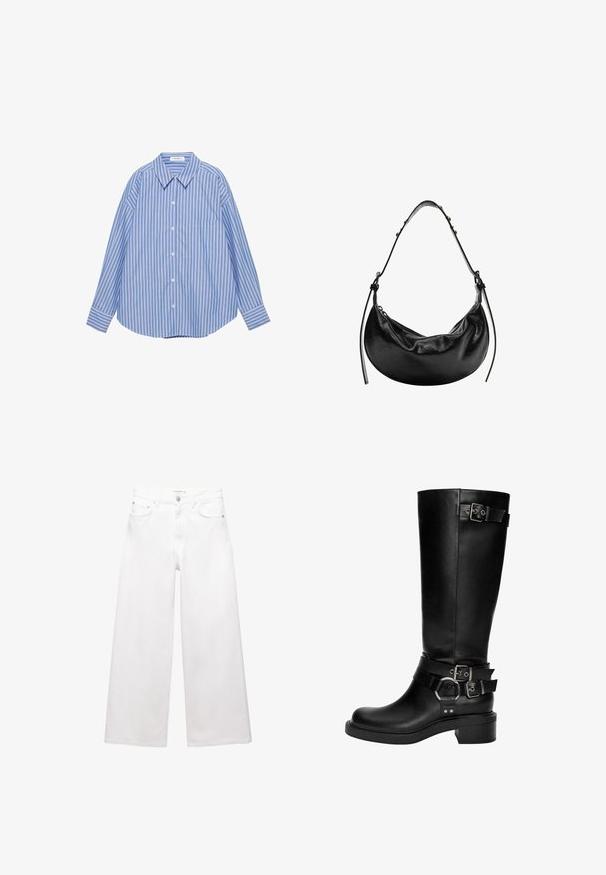 Mračna siva kratka jakna izrađena od teksturirane tkanine. Ima visoki ovratnik, dugačke rukave i dvije prednje džepove s minimalnim detaljima dugmadi.; Plava i bijela prugaasta dugmadna košulja dugih rukava s uperenim ovratnikom i jednim džepom na prsima.; Dijelovi bijelih širokih traperica od pamuka, sa visokim strukom, dizajnom s pet džepova i okovom od mjedi. Glatka, neizblijedjela tekstura.; Crne kožne čizme do koljena imaju zaobljeni vrh,.Stacked potez i više dekorativnih trakica s srebrnim kopčama i akcentima.; Crna kožna torbica u obliku polumjeseca, glatke teksture, s podesivim remenom i suptilnim metalnim detaljima. Vidljivo zatvaranje na patentni zatvarač.