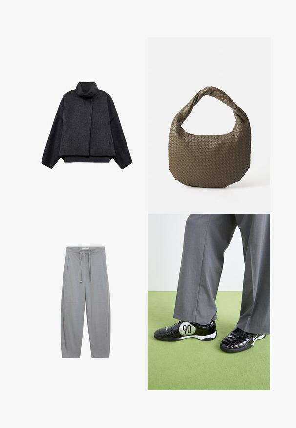 Tmavosivá skrátená bunda vyrobená z texturovanej tkaniny. Má vysoký golier, dlhé rukávy a dve predné vrecká s minimálnymi detailmi na gombíkoch.; Čierny jednodielny plavky s hlbokým V-výstrihom a prekríženými ramienkami. Vyrobené z hladkej tkaniny s elegantným, priliehavým strihom.; Šedé, široké nohavice s textúrovanou tkaninou, s elastickým pásom a dvoma prednými vreckami; strihaný dizajn s minimalistickým štýlom.; Čierne lakované tenisky s detailom strieborného "90", so štruktúrovaným povrchom a viazaním, kombinované so sivými širokými nohavicami.; Tkaná olivovo zelená kabelka s zaobleným tvarom a skrútenou rúčkou. Textúrovaný povrch má diagonálny vzor. Zipsové zapínanie.