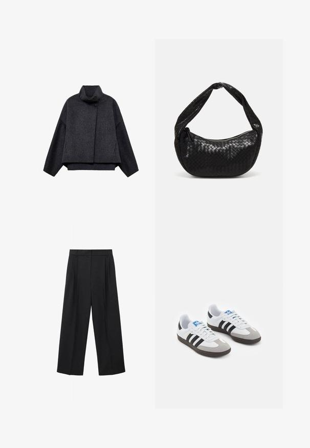 Tmavě šedá zkrácená bunda vyrobená z texturované tkaniny. Má vysoký límec, dlouhé rukávy a dvě přední kapsy s minimálními detaily knoflíků.; Bílá jednobarevná bavlněná trička s kulatým výstřihem, krátkým rukávem a uvolněným střihem. Hladká textura bez vzorů nebo akcentů.; Černé široké kalhoty vyrobené z hladkého materiálu, s vysokým pasem, záhyby a přizpůsobeným střihem pro strukturovaný vzhled.; Sportovní boty s bílým koženým svrškem, šedou semišovou špičkou a třemi černými pruhy. Obsahují modré logo na jazyku a texturovanou gumovou podrážku.; Černá tkaná kožená kabelka s křivkovým tvarem, vybavená silnou rukojetí a zipovým zavíráním. Texturovaný povrch s lesklým finišem.