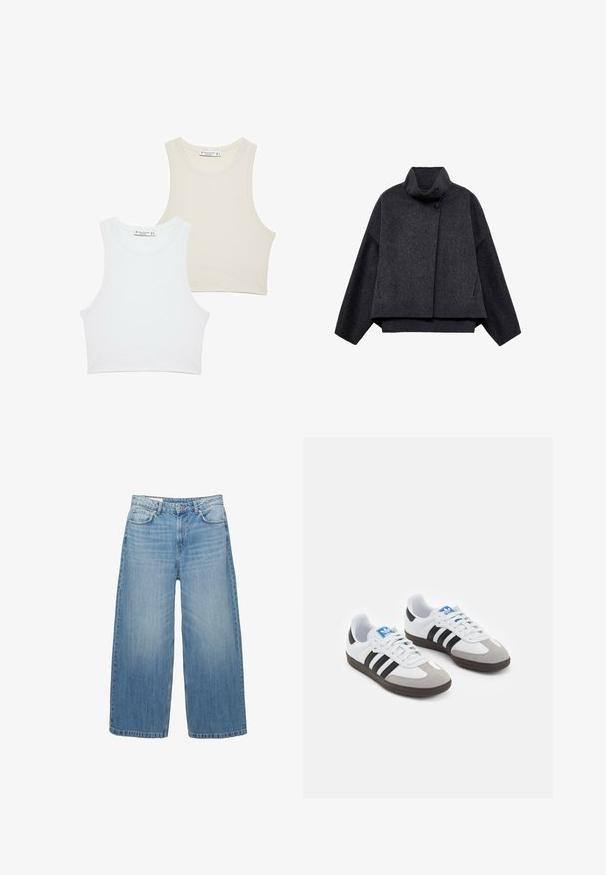 Donkergrijze cropped jas van textuurstof. Voorzien van een hoge kraag, lange mouwen en twee voorkwesten met minimale knoopdetails.; Twee geribbelde crop tops, één in wit en de ander in lichtbeige, met brede armsgaten en een ronde halslijn. Beide hebben een eenvoudige uitstraling.; Lichtblauwe wijde jeans van denim, met een klassieke vijf-pocketontwerp en een knoopsluiting. Verbleekte textuur overal.; Sportschoenen met een witte leren bovenkant, grijze suède neus en drie zwarte strepen. Bevat een blauw logo op de tong en een gestructureerde rubberen zool.